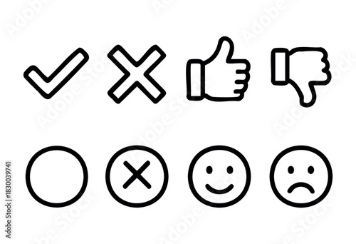 Feedback and rating line icons — check mark, cross, thumbs up, and sad/happy faces — stock vector.