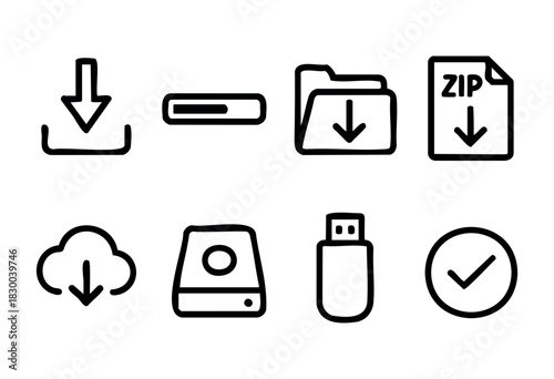 Download line icons — progress bar, cloud storage, and other file transfer symbols — stock vector.