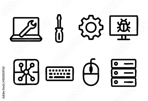 Computer repair and IT support line icons — laptop service, virus scan, and hardware components — stock vector.