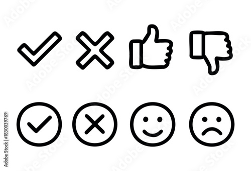 Feedback and rating line icons — check mark, cross, thumbs up, and sad/happy faces — stock vector.