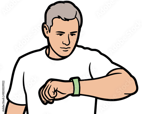 A man wearing a white t-shirt looks down at his smartwatch on his wrist.