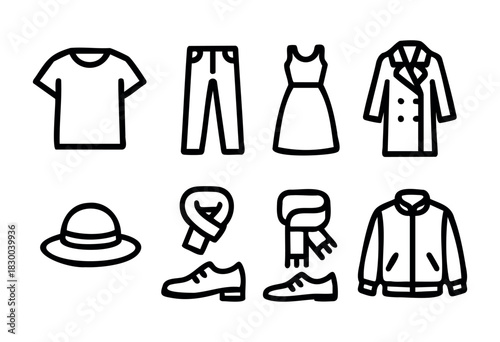 Clothing and apparel line icons — t-shirt, pants, dress, and coat — stock vector.