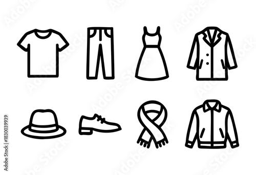 Clothing and apparel line icons — t-shirt, pants, dress, and coat — stock vector.