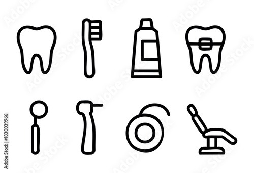 Dentistry line icons — tooth, toothbrush, braces, and other dental care items — stock vector.