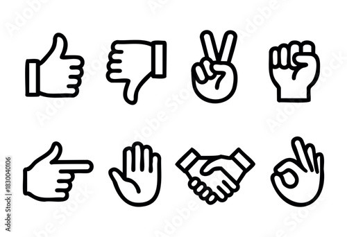 Hand gestures line icons — thumbs up, peace sign, okay, and pointing — stock vector.