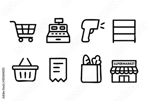 Supermarket and grocery shopping line icons — cart, cash register, and receipt — stock vector.
