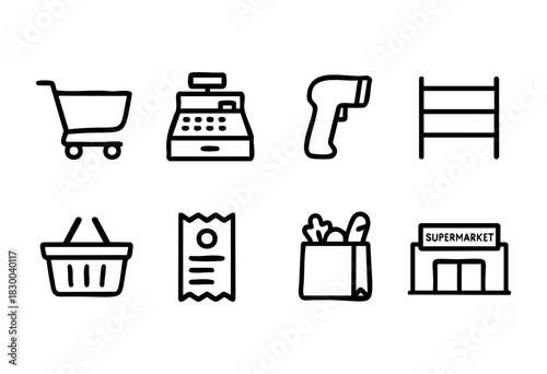 Supermarket and grocery shopping line icons — cart, cash register, and receipt — stock vector.