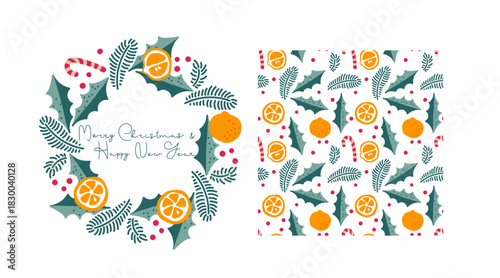 Festive designs featuring oranges, orange slices and holly leaves for holiday cards, winter designs. Christmas Seamless pattern and round frame. Hand drawn Doodle vector illustration with inscription.