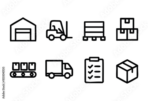 Warehouse and logistics line icons — forklift, pallet, and delivery truck — stock vector.