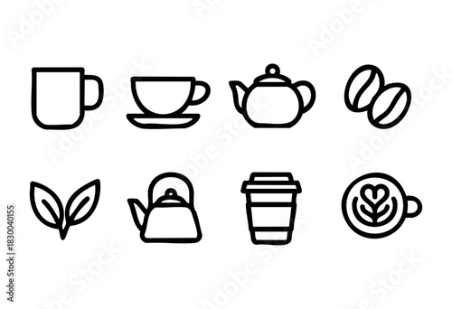 Coffee and tea line icons — mug, teapot, coffee beans, and kettle — stock vector.