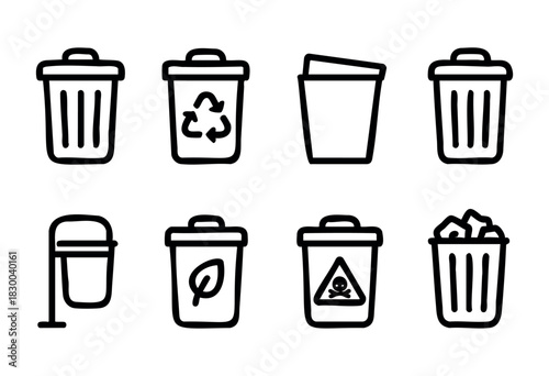 Trash and recycling bins line icons — various types of waste containers — stock vector.