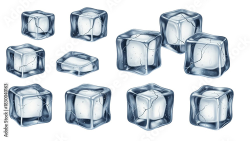 A collection of realistic, transparent ice cubes with visible cracks, against a white background.