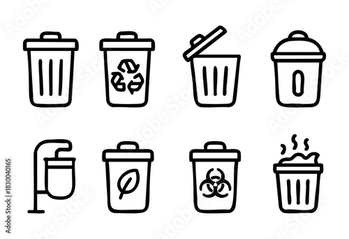Trash and recycling bins line icons — various types of waste containers — stock vector.