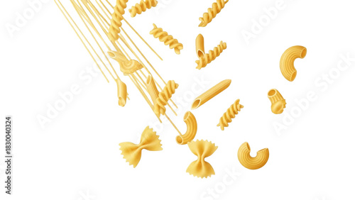 An assortment of different uncooked pasta shapes falling against a clean white background.