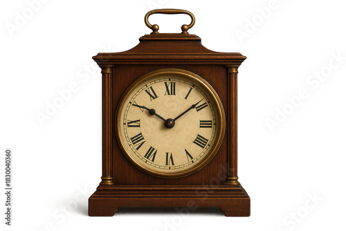 Antique wooden mantel clock isolated on transparent background, classic design.