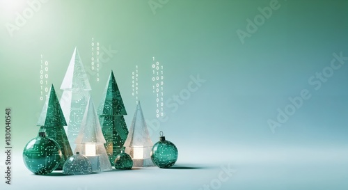 Futuristic Christmas trees and glowing circuit board ornaments with binary code, symbolizing digital holiday innovation and technology.