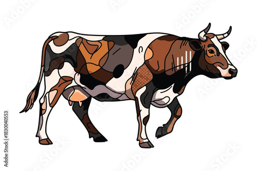 Artistic cow with patchwork brown and white coat