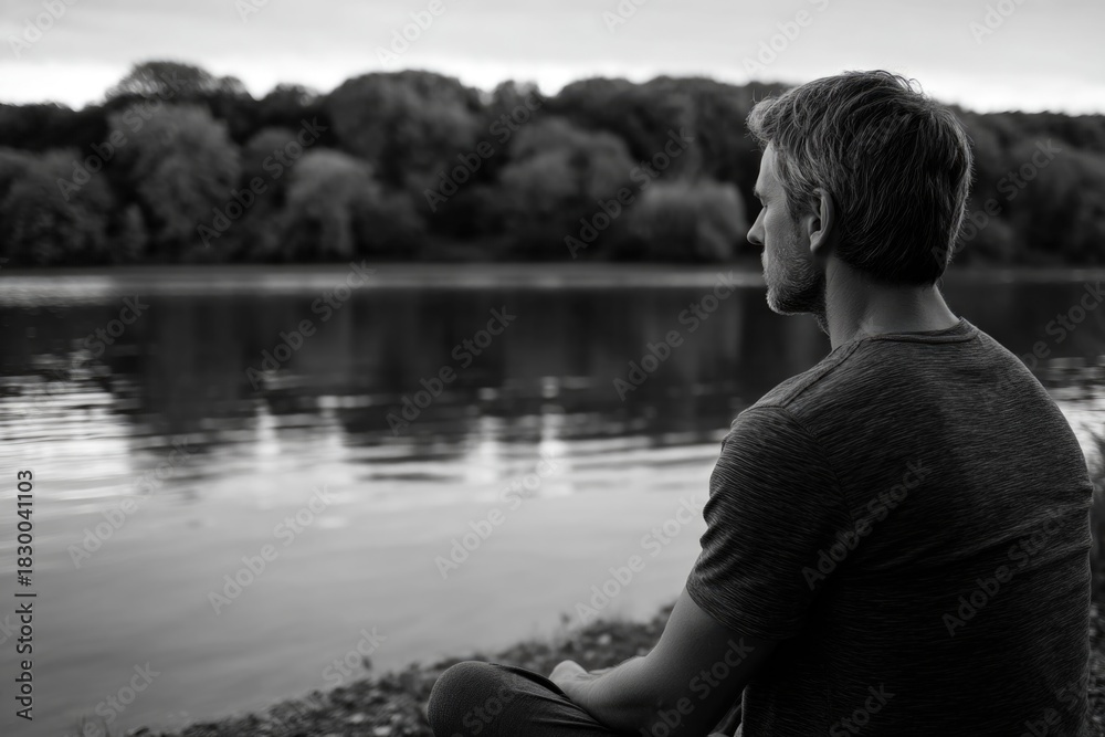 Fototapeta premium Man by the lake at sunset
