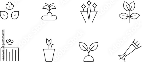 Agriculture Line Icons Set – Gardening Tools, Plant Growth, Seeds, Farm Equipment, Organic Farming Outline Symbols