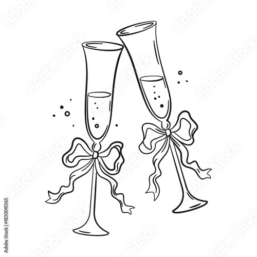 Сoquette Bows on Champagne or Wine Glasses. Champagne glasses with fizzy beverage in doodle style. Alcohol, cocktail, drink menu. Celebration, party, holiday symbol. Birthday, anniversary, Christmas
