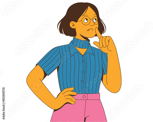 A person with glasses and short hair, wearing a blue striped shirt and pink shorts, is thinking.