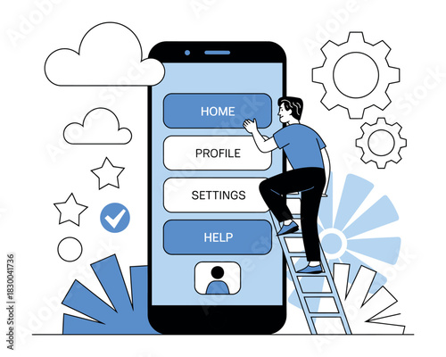 A person climbs a ladder to access the settings menu on a large smartphone screen.