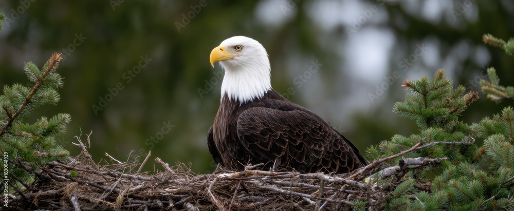 Obraz premium A bald eagle watches protectively from its vast nest filled with quiet strength.