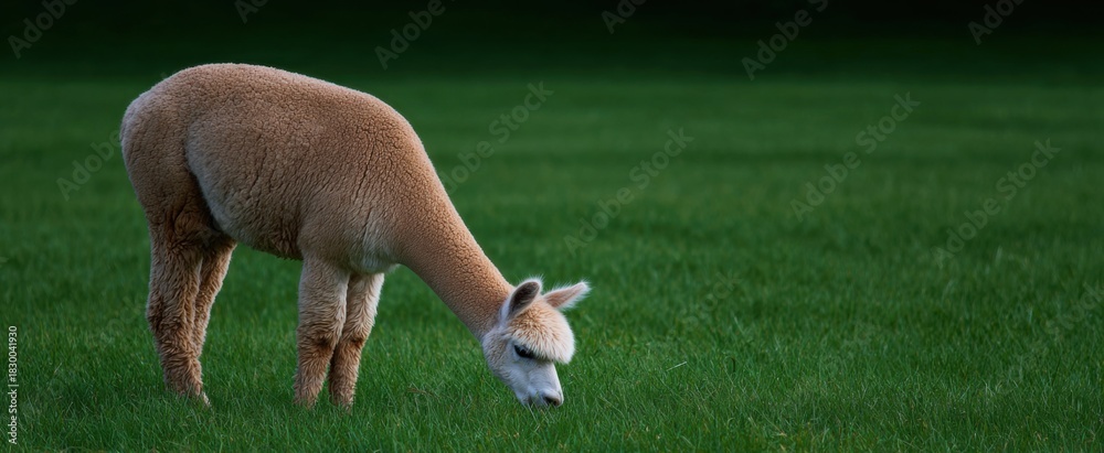 Obraz premium Alpaca calmly grazes in a lush green pasture field.