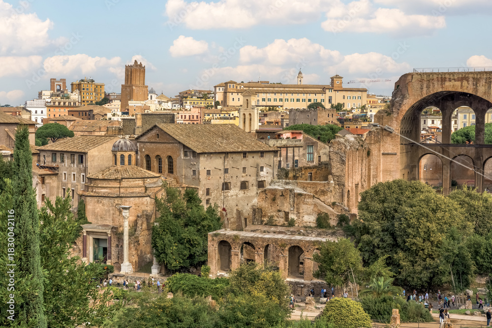 Fototapeta premium Panoramic view of the Roman Forum in Rome, Italy, featuring ancient ruins, historic buildings, and the massive arches of the Basilica of Maxentius under a bright sky.
