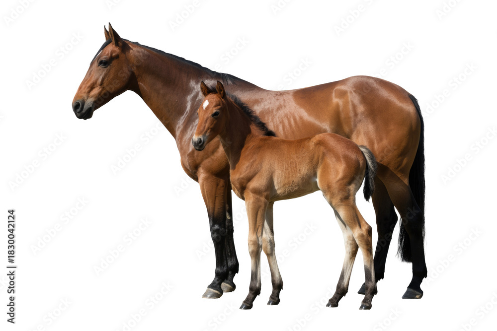 Obraz premium A beautiful bay mare stands protectively beside her adorable foal, both displaying rich brown coats and elegant postures. background removed