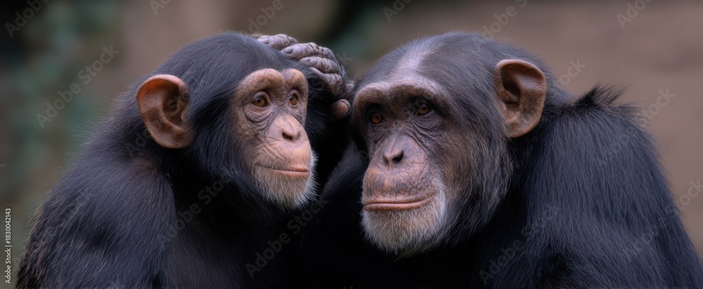 Fototapeta premium Chimpanzee plays spa day artist grooming another in nature’s social salon.