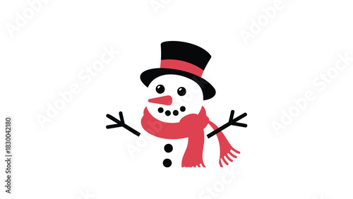 Cute cartoon snowman wearing a black top hat and a bright pink scarf with twig arms and button eyes