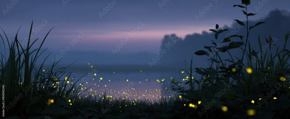Fototapeta premium Fireflies gently lighting up the twilight vibe with their cozy little glows