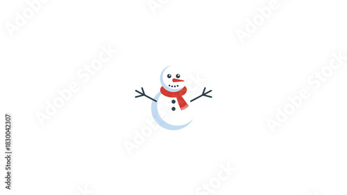 A cheerful cartoon snowman with a red scarf and button eyes smiling happily on a white background