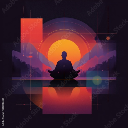 Silhouette of a meditating person with vibrant sunset and geometric shapes in a tranquil landscape