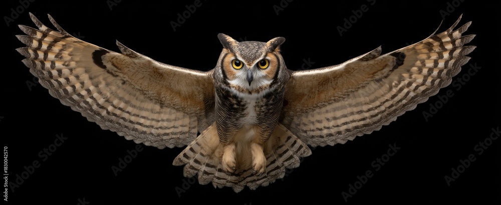 Fototapeta premium Great horned owl soaring with wings wide open in the air.