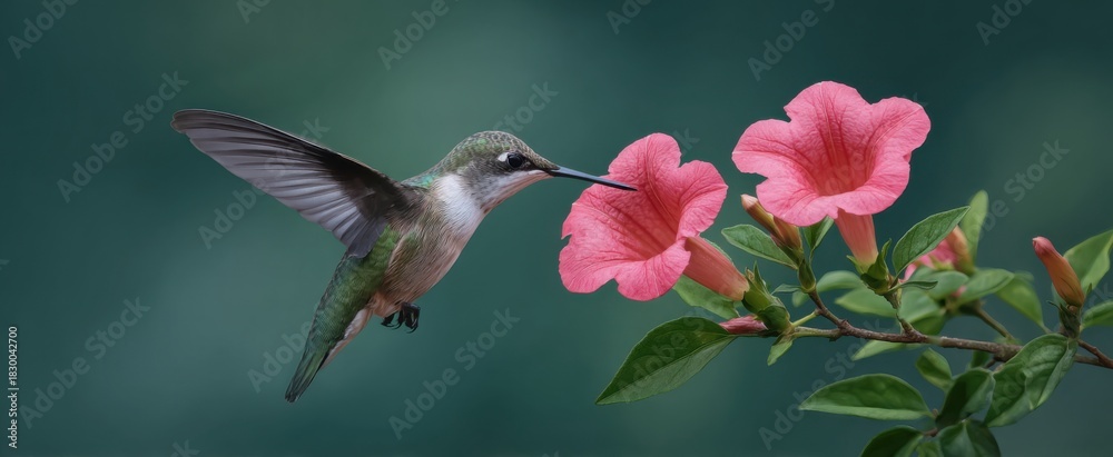 Obraz premium Hummingbird sips nectar from a vibrant pink trumpet flower like a tiny liquid dancer
