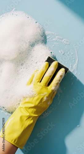 Hand in Yellow Glove Cleaning with Sponge and Foam
