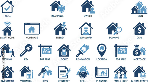 Real estate icon set, housing symbols, property management, home ownership, rental tools, mortgage graphics, investment visuals, blue UI elements