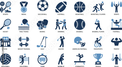 Sports icon set, athletic symbols, fitness graphics, game equipment, training visuals, competition elements, team activities, blue themed illustrations