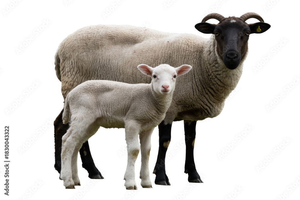 Fototapeta premium A mother sheep with a dark face and horns stands protectively beside her small, white, fluffy lamb, both looking forward. background removed