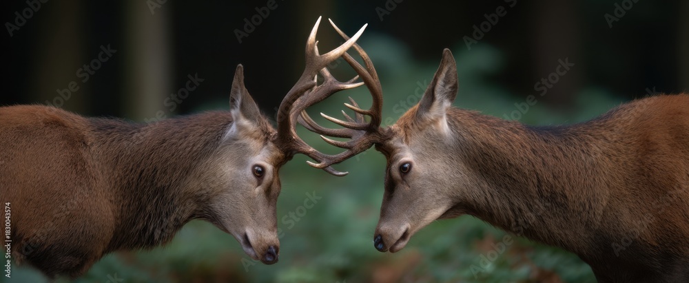 Obraz premium Red deer stags locked in a fierce intense rutting battle deep in the dense forest