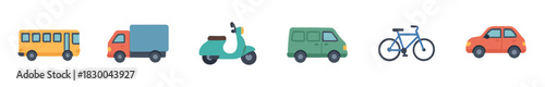Set of colorful flat transport icons including a bus, truck, scooter, van, bicycle, and car, shown in a simple side view illustration style 