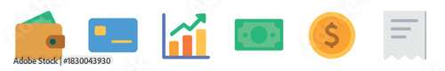 Set of colorful flat finance icons including a wallet, credit card, growth chart, banknote, coin, and receipt, representing business and economic concepts 