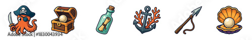 Set of six colorful pirate cartoon icons featuring an octopus with a sword, treasure chest, message in a bottle, anchor, harpoon, and a seashell with a pearl, 