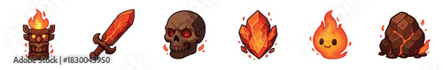 Set of fantasy fire and lava game icons including a tiki torch, molten sword, stone skull, magic crystal, cute flame, and volcanic rock