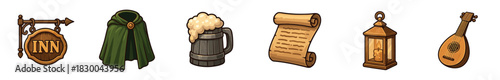 Set of medieval fantasy adventure game icons with an inn sign, cloak, beer mug, scroll, lantern, and lute, in a detailed cartoon illustration style