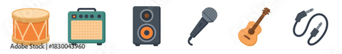 Set of musical instrument and equipment icons including a drum, amplifier, speaker, microphone, acoustic guitar, and audio cable in a flat design style 