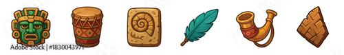 Set of ancient tribal cartoon game assets featuring a mask, drum, fossil tablet, feather, horn, and arrowhead, illustrated as colorful icons for a user interface