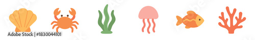 Set of cute cartoon sea life icons including a seashell, crab, seaweed, jellyfish, fish, and coral in a simple flat design style, isolated
